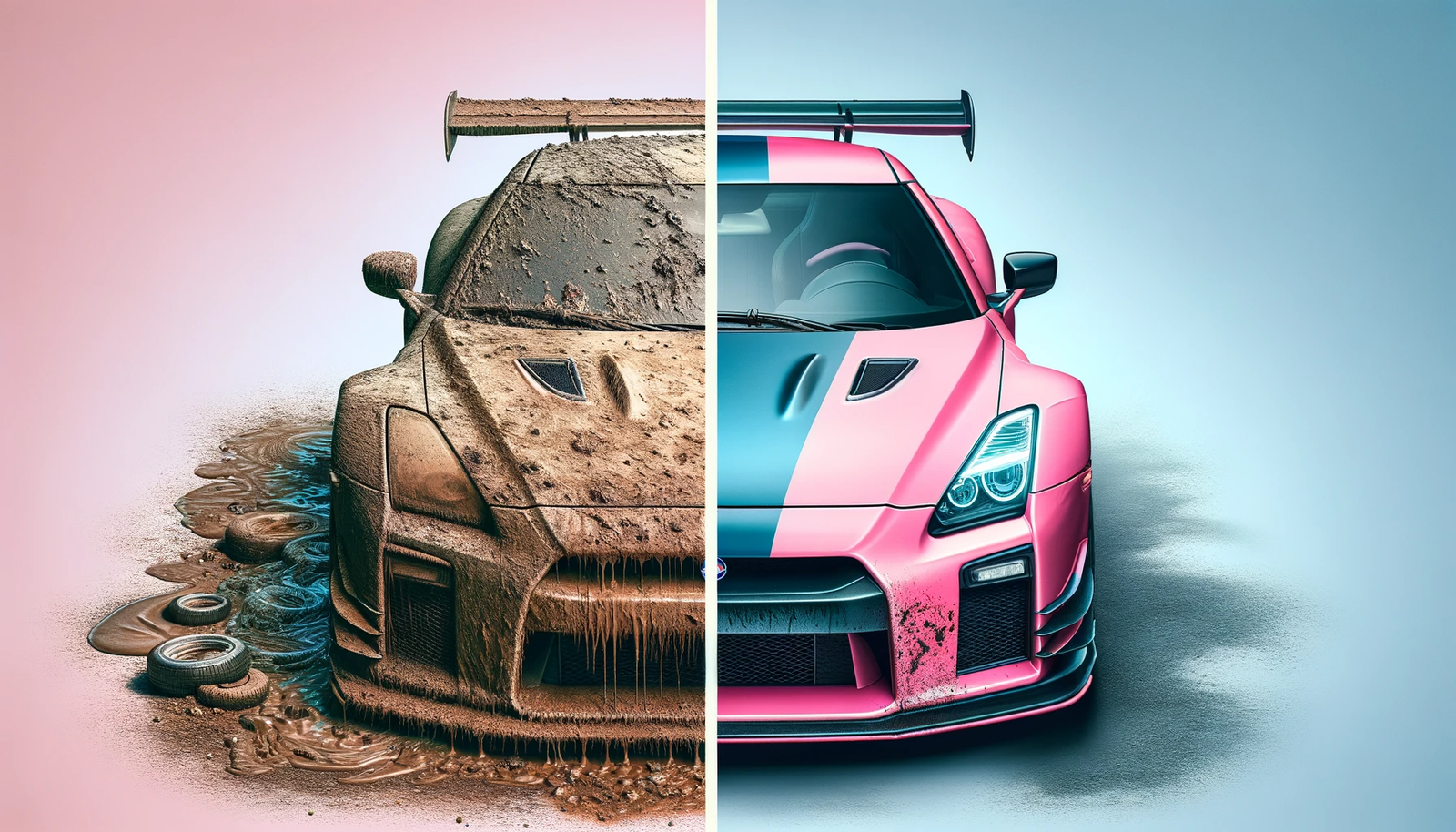 Side-by-side comparison of a sports car: On the left, the car is extremely dirty, covered in mud and looking neglected, against a pink background. On the right, the same model of car is spotlessly clean, shiny, and looks brand new, set against a blue background, illustrating the result of professional car detailing.